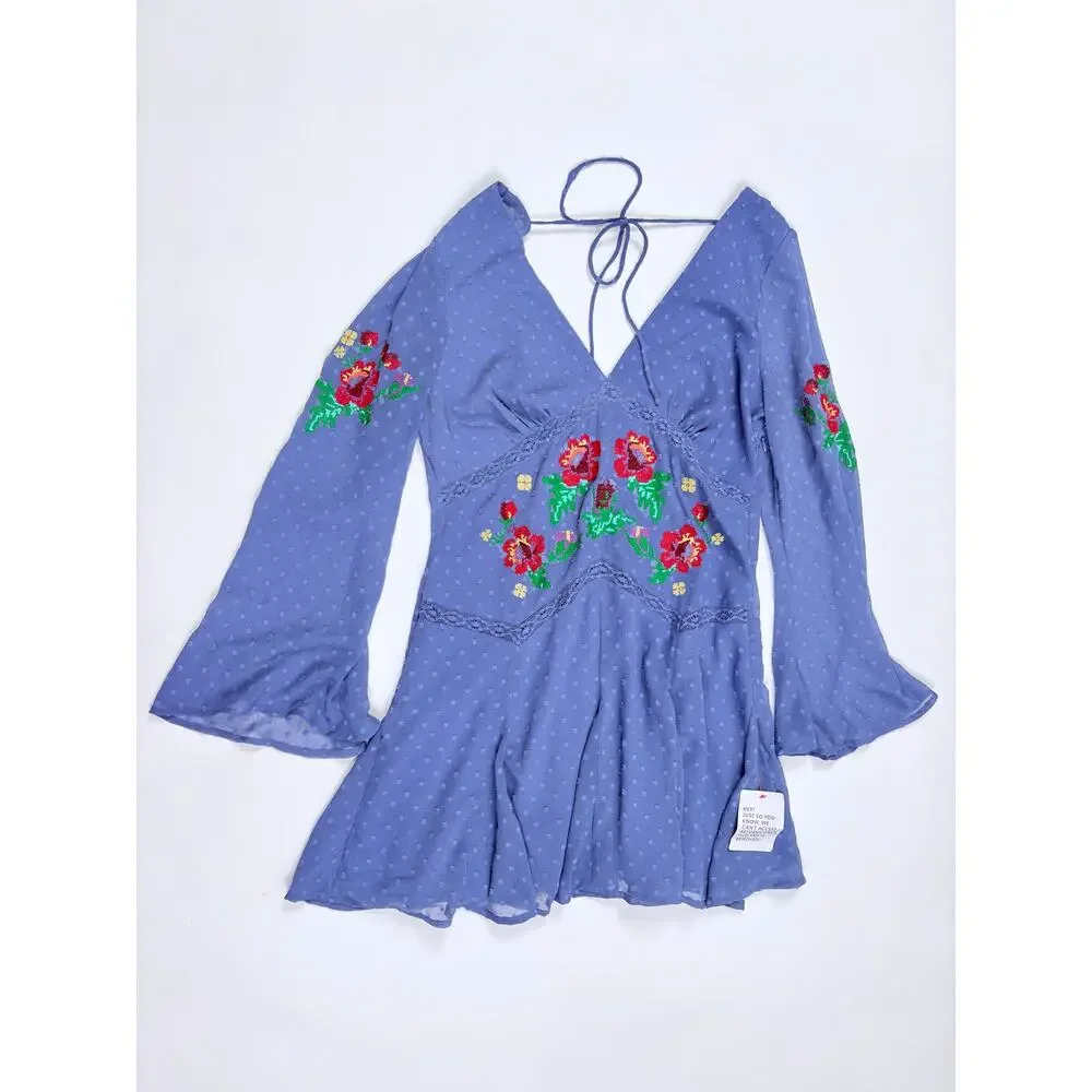 ASOS DESIGN Embroidered Floral Mini Dress 10 Blue Swiss Dot Cottagecore Boho NWT - Picture 11 of 14